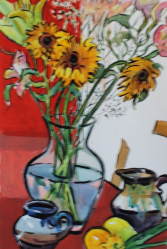 John Ellison 'Sunflowers and Pet Jug' watercolour and gouache on paper 60cm x 50cm framed