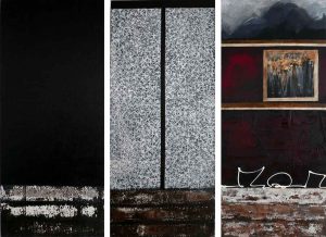 'The Variety of Human Repetition in a Horizontal and Vertical Landscape' mixed media on canvas 140x60cm each panel triptych