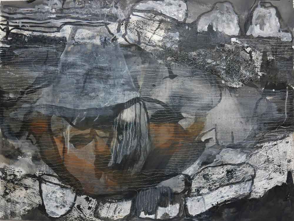 'Clay Vessel I' sand, ink, gouache, pastel on paper 80x97.5 framed