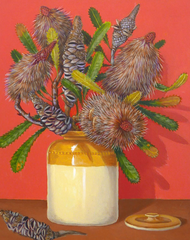 Tricia Oktober still life painting with banksias