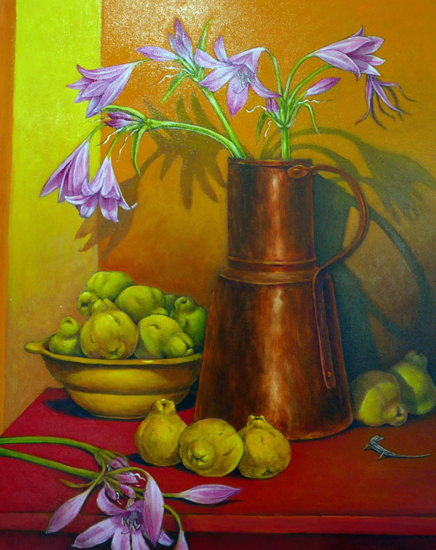 Tricia Oktober painting still life with crinum lilies