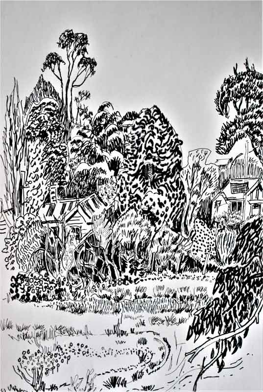 John Ellison ' Katoomba Landscape Lett Street' pen, brush ink on paper 90x70cm