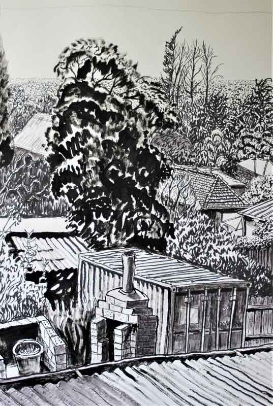 John Ellison 'Sausage Fire and Landscape' pen, brush, ink on paper 90x70cm