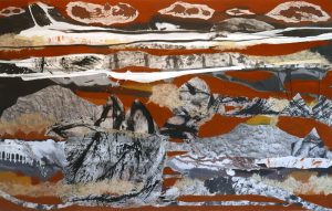 Robyn Nolan large abstract landscape painting containing red desert sand and collage