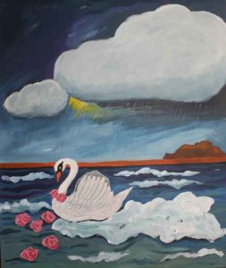 surreal landscape with water and swan