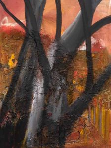 heavily textured painting of tree in landscape
