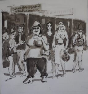 Black and white drawing of a street scen of pedestrians walking