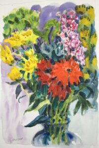Colourful watercolour painting of flowers in a glass vase
