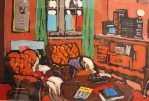 A lively colourful interior painting in oranges and reds with a touches of green and other colours
