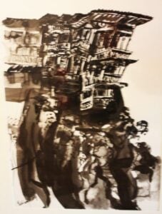 An ink and wash drawing of hanging houses in Quenca Spain