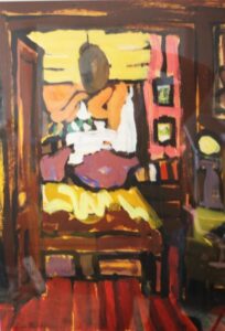 A vibrant sunlit interior painting in yellows oranges and reds