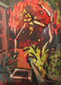 A painting of an autumn red tree through a window