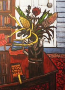 A still life painting of a glass jug of native flowers set against a white door
