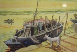 a houseboat in Varanasi observed by a goat named "Noah's Ark'