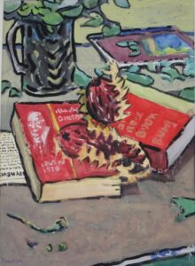 still life watercolour painting of Rumi and Ginsberg paintings with glass jug and flowers on table