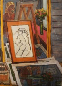 The Artist in the mirror with drawing of model