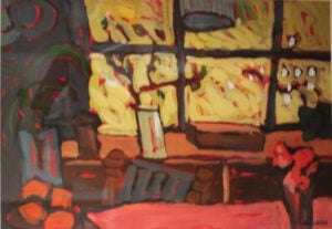 sunlight streams through the window into a colourful room in this watercolour painting