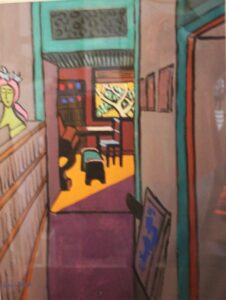 A colourful painting of a hallwaywith an angle of floor lit by sunlight