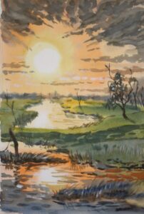 watercolour painting of a sunburst of land