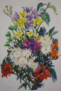 A colourful watercolour painting of flowers in a vase