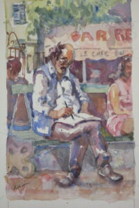watercolour painting of man sitting in cafe drawing