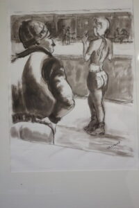 ink black and white drawing of man ogling woman