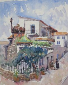 watercolour on paper painting of Diakofti street conversation