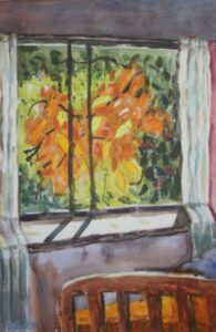 colourful watercolour of autumn tree through a window