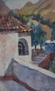 watercolour painting of white houses in Greece from the terrace