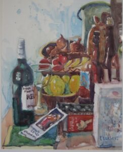 colourful painting of fruit and wine on tabletop 35x28cm