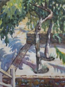 watercolour painting of trees and shadows in concrete step