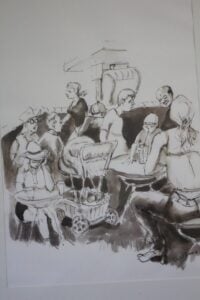 black and white ink drawing of seated people in conversation