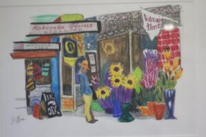 A colourful drawing of the exterior of a Katoomba Flower Shop in coloured pencil