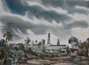 The back of the carrington hotel and chimney Katoomba with a background of a stormy sky