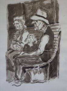 Ink and wash drawing on paper of a group of people waiting on a bench seat