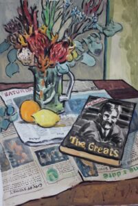 still life watercolour and gouache painting of newspaper, fruit book and flowers in a jug on a table