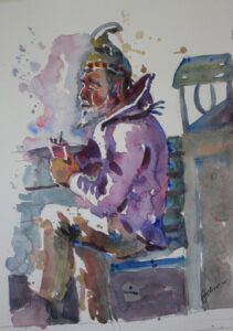 watercolour painting of seated old man enjoying a snack