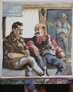to gentlemen sitting outside cage Heraklion engaged in conversation