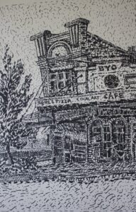 A black and white drawing of shops on Katoomba Street