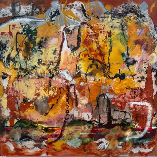 a colourful abstract landscape in oranges and reds