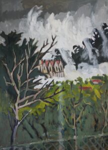 an expressive painting of house on a hill