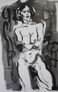 a black and white drawing of nude woman with arms folded
