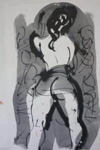 a black and white drawing of nude with her back turned