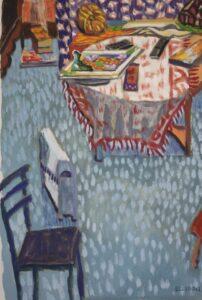 interior painting of table and blue chair