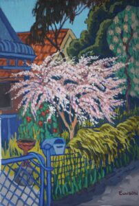 a painting of a blue gate and pink cherry blossom tree