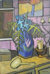 A Blue Vase with Ferns and a Yellow Mirror