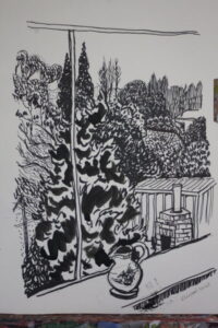 A black and White drawing of trees through window