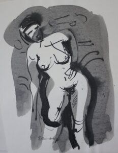 A black and white drawing of a nude with her hand on hip
