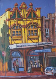 a colourful painting of a Katoomba street scene