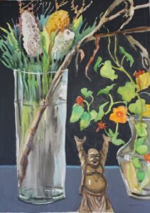 A watercolour painting with a black background featuring native flowers in crystal vas and buddha